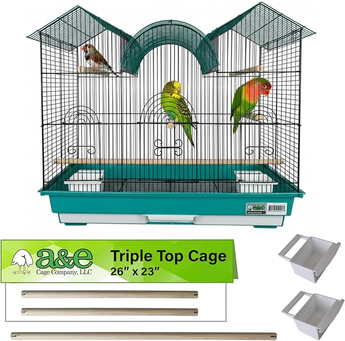 A&E Cage Co AE2614TT SP Blue Triple Top Bird Cage – 26" x 14" x 23" Decorative Small Bird Cage – Includes 2 Feeder Stations, 3 Wood Perches, Slide-Out Tray & Carry Handle (Teal)