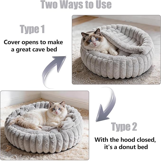 Cat Beds for Indoor Cats, 2 in 1 Cat Cave Bed Kitten Bed for Small Pets, Small Dog Bed with Cover, Pet Bed for Puppy and Kitten with Anti-Slip Bottom-Light Gray-20 inches