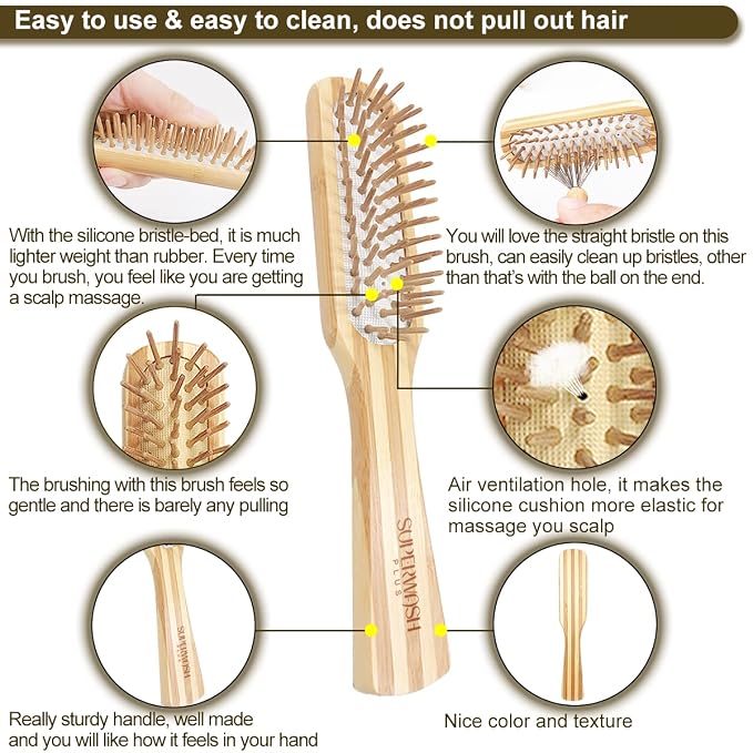 Hair Brush Set for Women & Men, Natural Bamboo Bristles Wet Dry Flat Paddle Detangling Bamboo Brushes Fit All Types Hair, Brush Cleaner Tool included - 3 Pack