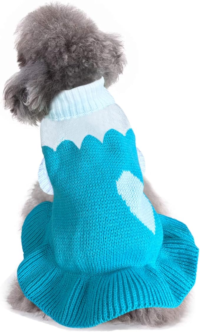 CHBORCHICEN Pet Dog Sweaters Classic Knitwear Turtleneck Winter Warm Puppy Clothing Cute Strawberry and Heart Doggie Sweater (XS, Dress-Sky Blue)