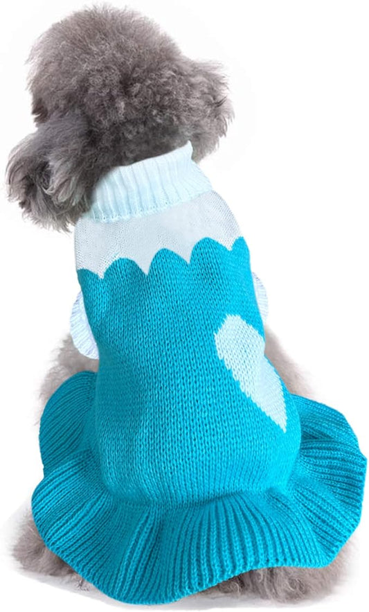 CHBORCHICEN Pet Dog Sweaters Classic Knitwear Turtleneck Winter Warm Puppy Clothing Cute Strawberry and Heart Doggie Sweater (XS, Dress-Sky Blue)