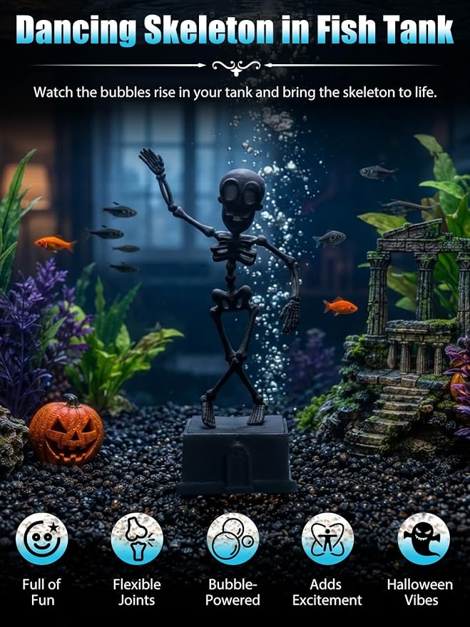 Dancing Skeleton Aquarium Bubbler, Halloween Fish Tank Decor(Black) | Adjustable airflow with 1m hose & valve. Safe resin, for freshwater/saltwater tanks. Air pump not included.