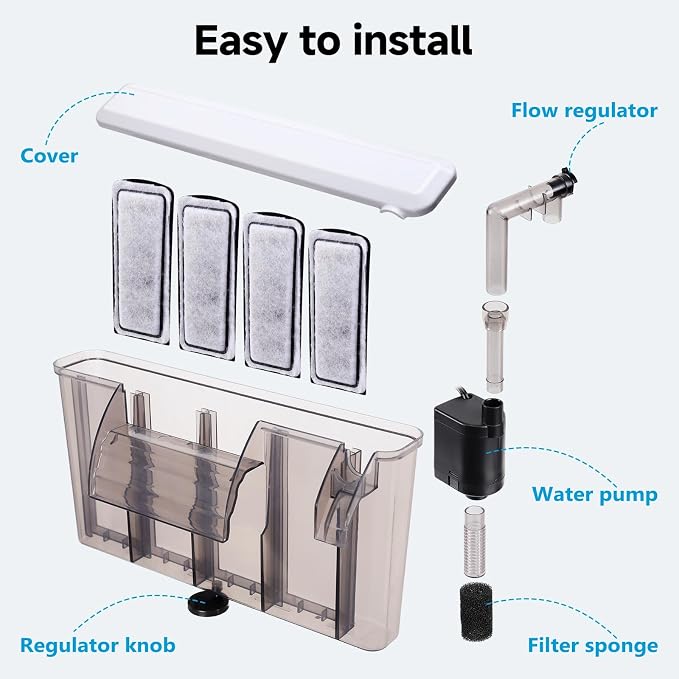 AQQA Quiet Hang on Back Aquarium Filter for 30-50 Gallon,Adjustable Flow | Auto Start Fish Tank Filters, Powerful Filtration HOB Filter, Easy Install for Freshwater Aquariums,8W 200GPH