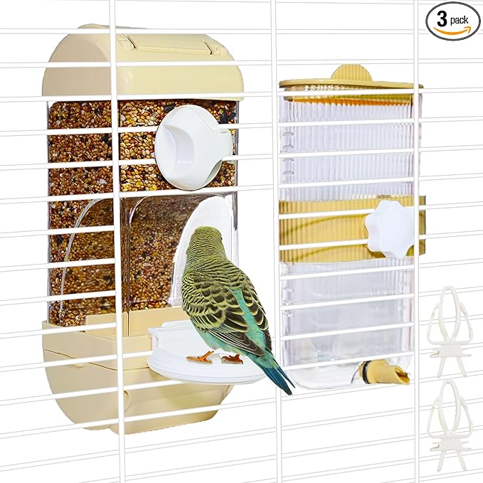 Automatic Bird Feeder Waterer Kit Bird Cage Hanging Waterer Parakeet Leak-Proof Feeder Parrot Vegetable Clips Cage Accessories for Budgies Lovebirds Finches Canaries Parrotlets Conures (Yellow)