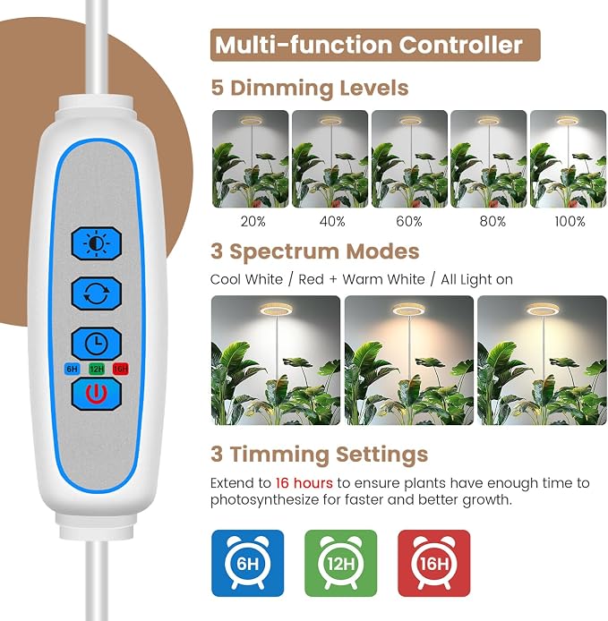 Kullsinss 6.3in Grow Lights for Indoor Plants, Full Spectrum Plant Light | Wood Grain Grow Lamp for Tall Plants, Auto Timer & Dimmable Setting, 10-60in Height Adjustable, Stylish Indoor Garden Decor