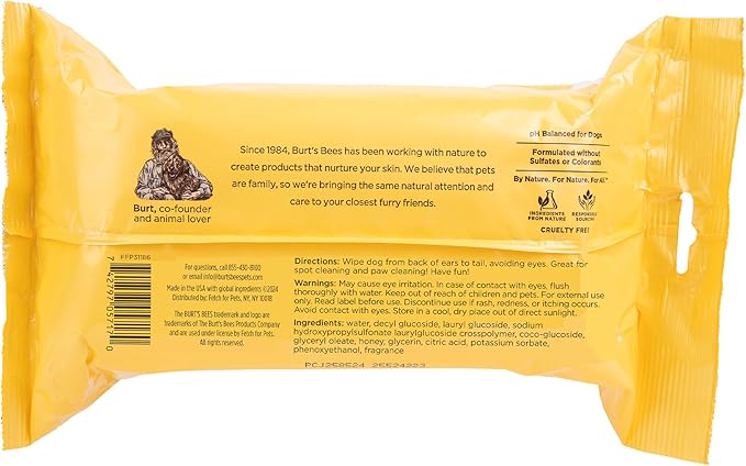Burt’s Bees for Pets Multipurpose Dog Wipes, Honey and Grapefruit Scent - Hypoallergenic, 98% Natural Origin Wipes That Cleanse and Deodorize, Gentle Formula, 100 Count