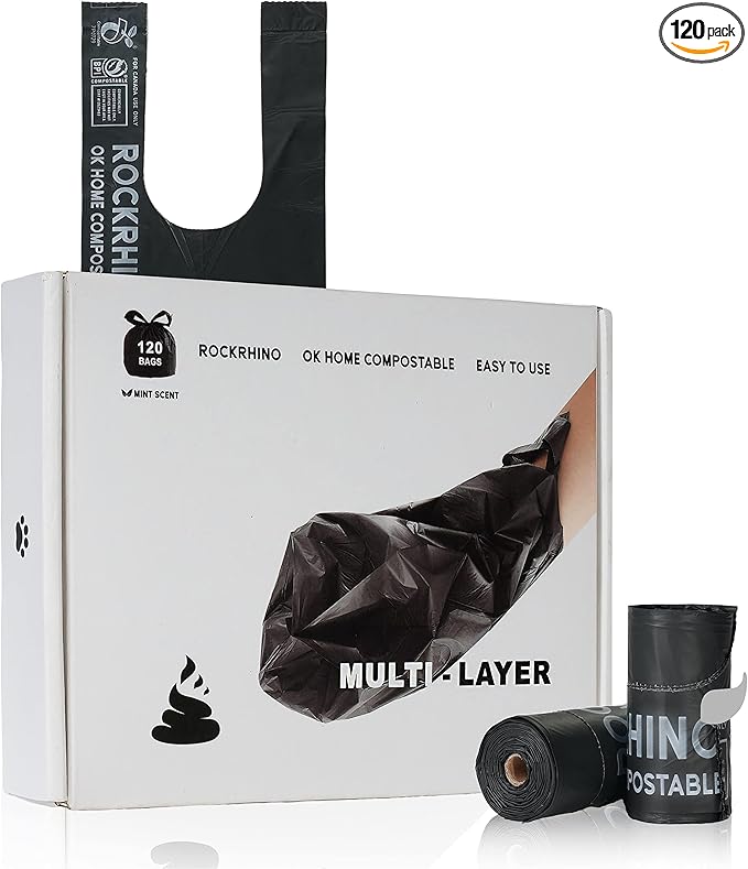 Ultra Thick RockRhino Dog Poop Bags - ECO Heavy Duty, Multi-Layer Bottom, 0% Plastic, 100% Home Compostable, Mint-Scented, Easy Open Tie Handles, Glove-Like Fit - 120 Bags