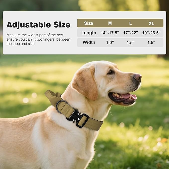 Joytale Tactical Dog Collar for Medium Dogs with Control Handle, Heavy Duty Military Training Collar for Power Breeds, AirTag Holder Case, Quick Release Metal Buckle, Soft Padded, M, Khaki