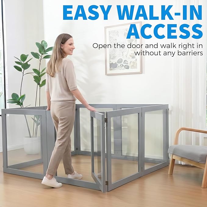 Heavy Duty Clear Acrylic Dog Playpen for Small/Medium Pets – 32" High Clear Pet Pen with Sturdy Metal Frame, Walk-in Kennel, Expandable Indoor & Outdoor Pet Play Yard (Grey, 8 Panels Including Door)