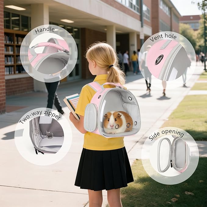 Guinea Pig Carrier, Clear Bubble Window for Guinea Pig, Bunny Rat Bird (Pink, Backpack)