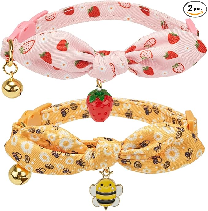 Bowtie Cat Collar with Bell 2 Pack Stylish Breakaway Kitten Collars with Removeable Bowknot,Yellow Bee & Pink Strawberry