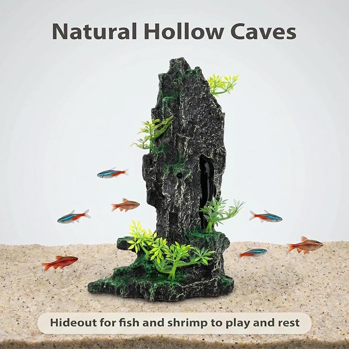 Aquarium Mountain View Stone Ornament, Large Resin Hideout Cave for Betta & Shrimp, Fish Tank Decor Rock Cave with Fish Cave and Hideouts (7.87" x 4.33" x 13.98")