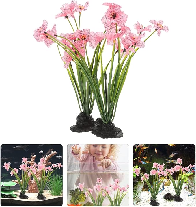 BESTonZON 2Pcs Soft Betta Fish Accessories for Small Desktop Tank, Realistic Artificial Water Flora Landscape Decorations with Weighted Rock Base