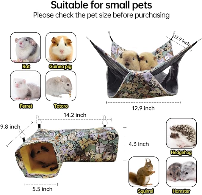 Guinea Pig Rat Corner Tunnel & Tubes Ferret Bunkbed Hammock, Guinea Pig Hideout for Hedgehog Piggy Hamster Hide, Small Animal Pet Toys and Cage Accessories (1.Hammock+hunnel)