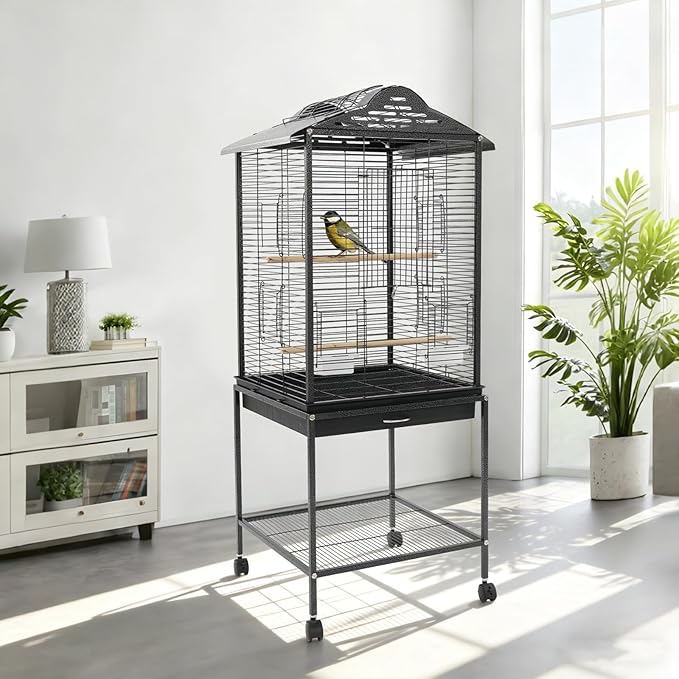 Large Playtop Bird Cage with Rolling Stand, 48 Inch Metal Frame Bird Habitat with Skylight Door & Pull-Out Tray for Cockatiel Budgie Lovebird Sun Conure
