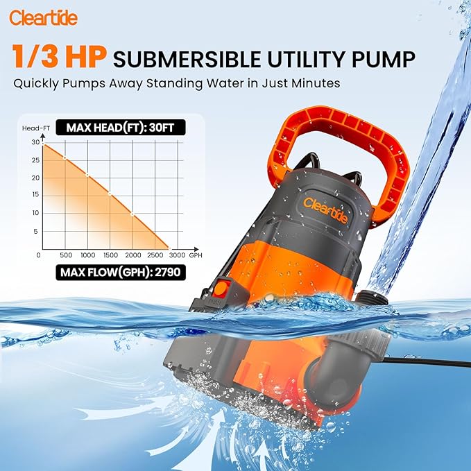 Cleartide 1/3 HP Submersible Utility Pump, 2790 GPH High Flow, Thermoplastic Portable Sump Pump with Auto Water Sensor, Ideal for Pool, Flooded Basement, Hot Tub, Pond & Garden Draining,10 FT Cord