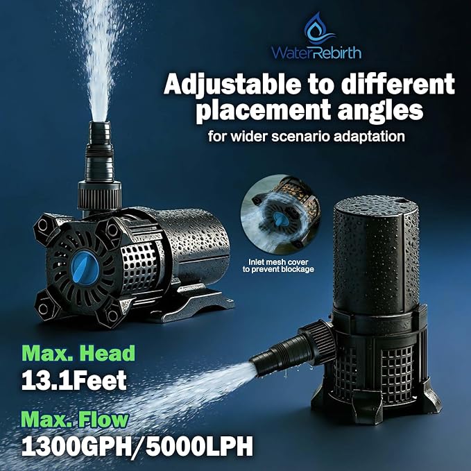 Pond Pump, 1300GPH Ultra Quiet, 72W Energy Saving Submersible Pump, Adjustable Flow, 2 Install Options, 20.3ft Cord for Koi Pond, Waterfalls, Fountains & Hydroponics