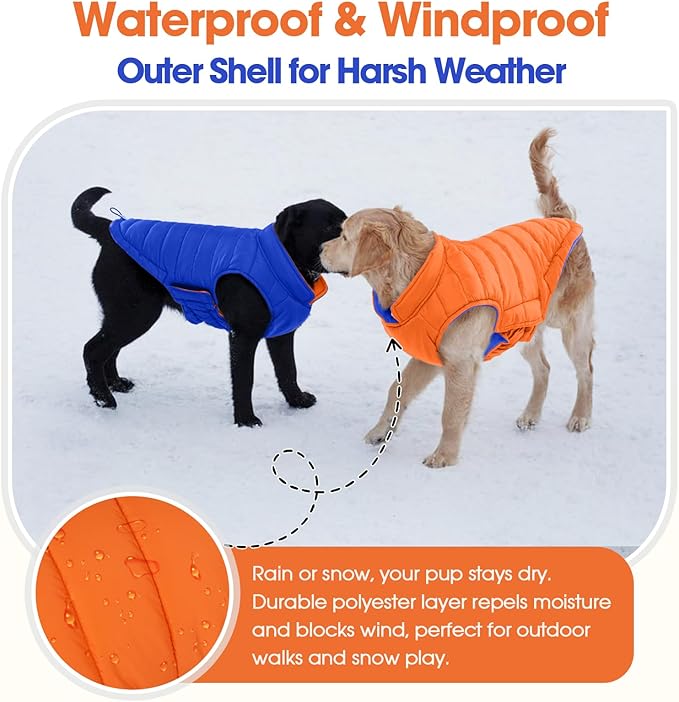 QBLEEV Reversible Dog Winter Coat, Waterproof Windproof Warm Jacket with Adjustable Hook & Loop Design, Lightweight Puffer Vest for Medium Dogs, Orange, M – Fits Pug, Beagle, Corgi