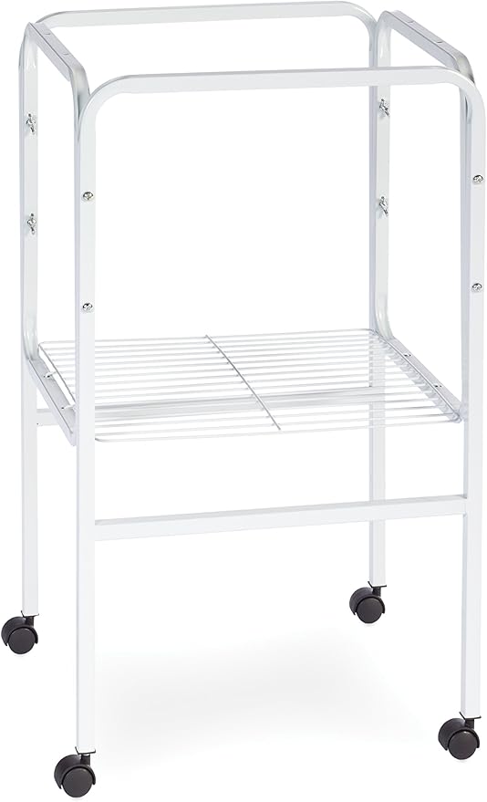 Prevue Pet Products Bird Cage Stand with Shelf - Small to Medium Metal Cage Stand with Rolling Wheels, Bird Stands for Inside, Mid‑Height Shelf for Cage Accessories, Toys, and Storage - White