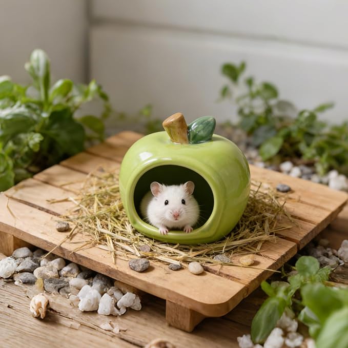 Cute Ceramic Hamster Hideout Habitats Syrian Dwarf Hamster Hide Hideaway House Cozy Bed Mini Chinchilla Gerbils Mice Hut Small Animals Sand Bath Cave Cage Accessories (Green)