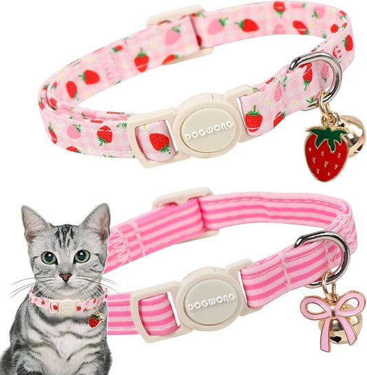 2 Pack Pink Cat Collars - Spring Summer Strawberry Breakaway Cat Collar with Bell, Adjustable Cute Pink Striped Kitten Collars for Girl Cats, 7-12 Inch