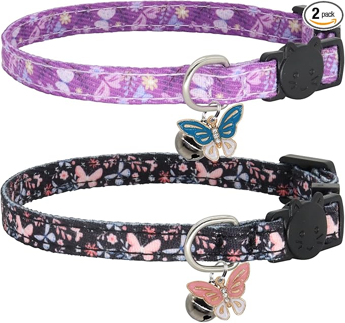 Cat Collar Breakaway, 2 Pack Cotton Kitten Collars with Bells and Removable Charms, Cute Butterfly Shaped for Indoor Boy, Girl and Adult Cats