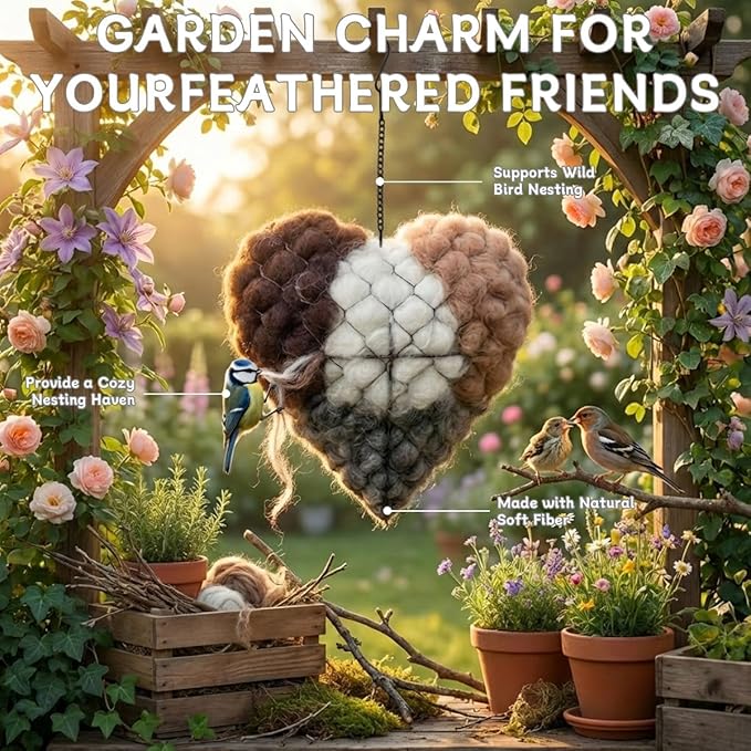 Handmade Alpaca Fiber Bird Nesting Heart, Alpaca Fiber Bird Nesting Material, Heart Shaped Birds Nestings House with Hanger for Wild Birds, Decorative Outdoor Garden Birdhouse Gift(1PCS)