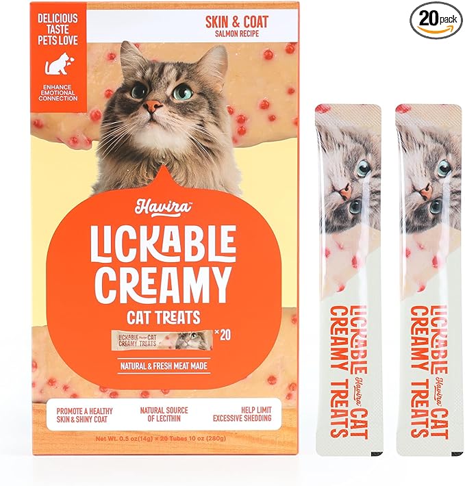 Havira Healthy Lickable Cat Treats Skin & Coat – Salmon Flavor Squeeze Treats with Omega-3 & Real Fish Roe, Creamy Functional Snacks for Soft Fur & Natural Shine, Grain Free