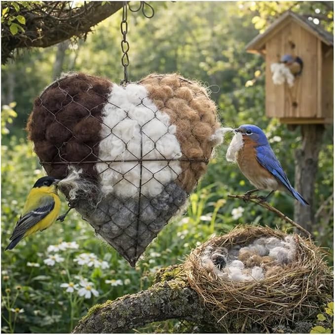 Handmade Alpaca Fiber Bird Nest Heart - Natural Nesting Material, Winter Nesting Material for Wild Birds and Hummingbirds | Garden Decoration, a Gift for Bird Lovers.