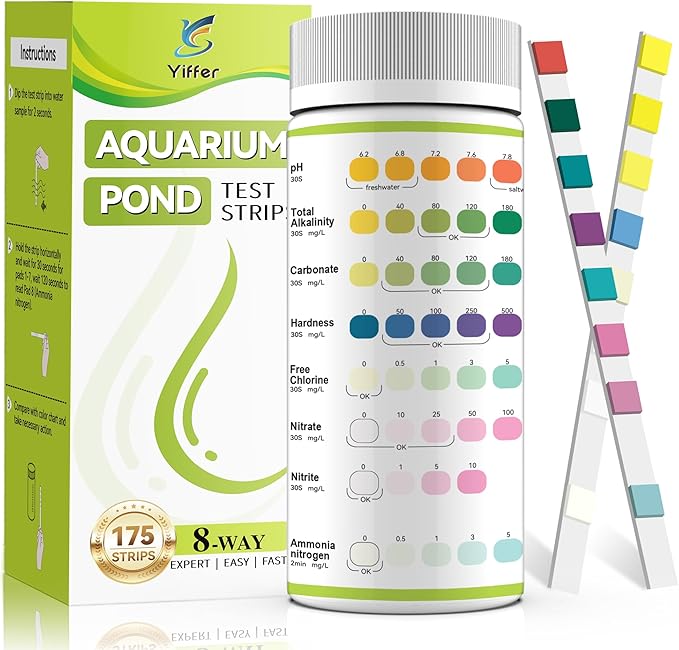 175-Count 8-Way Aquarium Test Strips with Ammonia-Accurate Test Ammonia,pH, Total Alkalinity, Carbonate, Hardness, Free Chlorine, Nitrate and Nitrite for Fish Tanks & Ponds