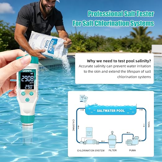 Chlorine Tester & Pool Salt Tester, Digital Pool Water Tester, Pool pH Tester 7 in 1 FAC Digital Salinity Tester for Saltwater Aquarium Sodium Chloride Swimming Pools Hot Tubs Spas