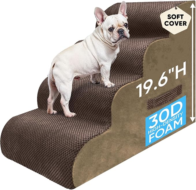 PAWSCRAT Pet Stairs for Dogs 4-Step, 19.6" H Pet Stairs for High Bed, Couch Sofa & Chair, 30D Material Soft Foam Dog Steps with Non-Slip Bottom Surface Removable Washable Cover, Brown