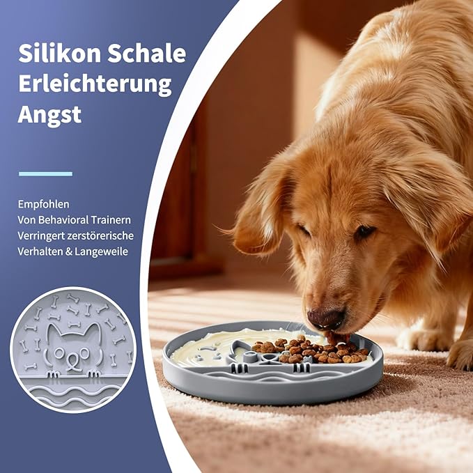 Slow Feeder Dog Bowl with Non-Slip Base, Silicone Puzzle Dog Food Bowl with Unique Design, Slow Feeding Bowl for All Types of Dogs Cats, Interactive Slow Eating, Anti-Choking, BPA-Free