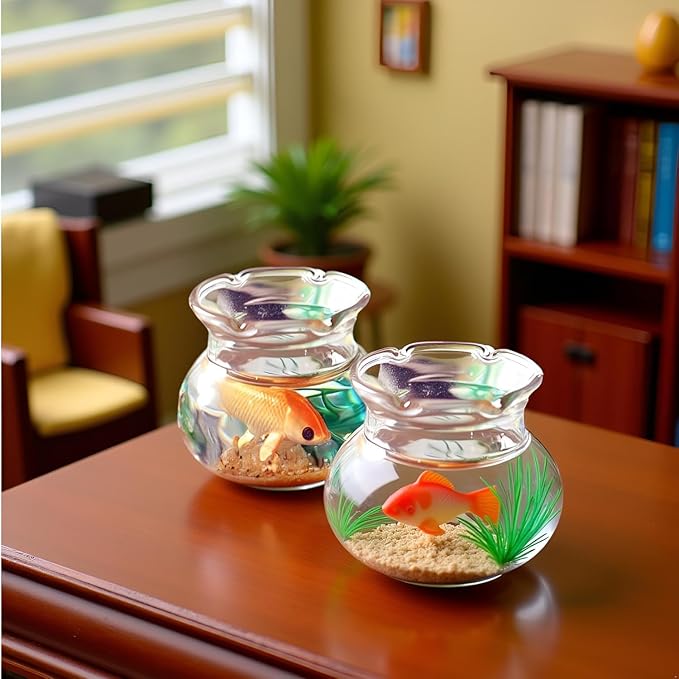 2Pcs Miniature Fish Tank Toy Mini Round Fish Bowls Resin Goldfish Grass for Dollhouse Desktop Craft Project Decor,Mini Fish Bowl,Dollhouse Accessories,Dollhouses Décor