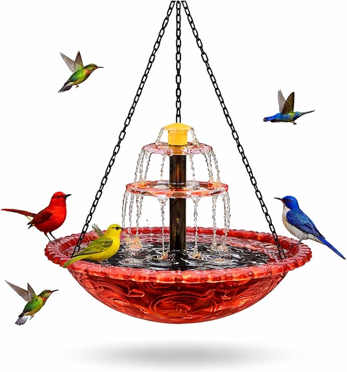 Solar Powered Hanging Bird Bath, Vibrant Blue Multi-Tier Waterfall Fountain for Outside, Easy to Hang Bird Oasis for Garden Decoration, Balcony, for Bird Lovers (Red)