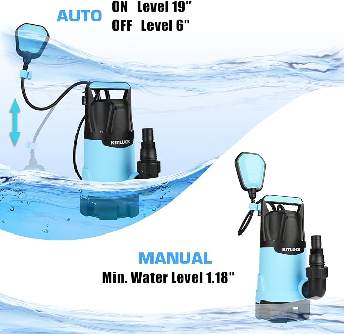 KITLUCK Submersible Water Pump, 1-1/4HP 4500GPH High Flow Sump Pump with Float Switch, 23ft Power Cord, Portable Utility Water Pump for Swimming Pool, Garden Pond, Flood Basement, Tub Water Removal