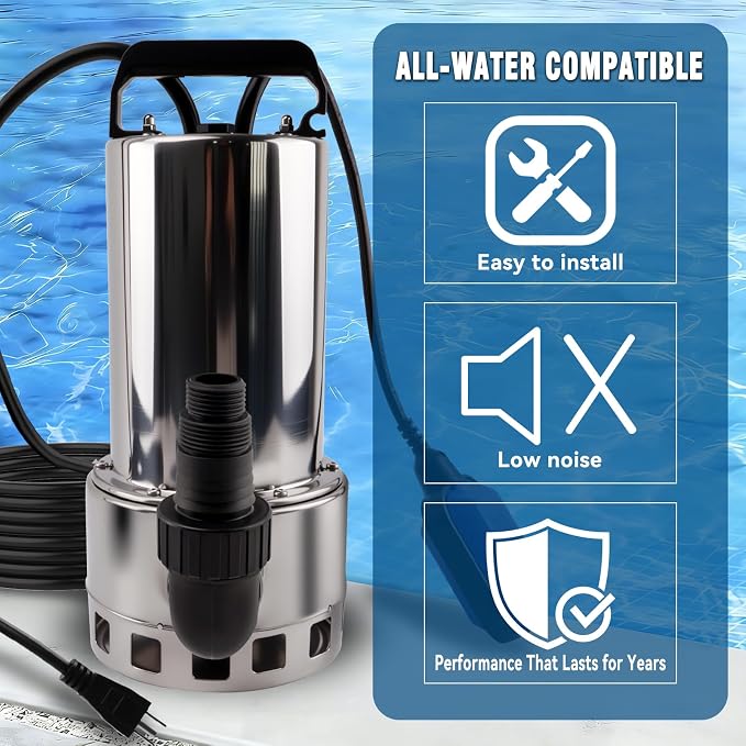 1.5HP 4000GPH Sump Pump, Submersible Water Pump with Float Switch