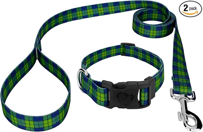 Country Brook Petz - Blue and Green Plaid Everyday Dog Collar and Leash - Plaid and Argyle Collection Featuring Charming Designs (1 Inch, Medium)