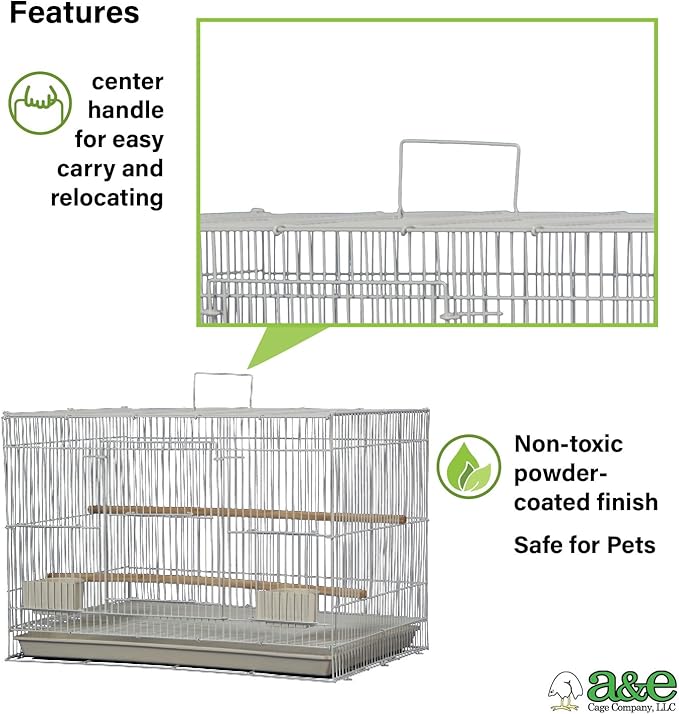 A&E Cage Co 503 White SP Flight Bird Cage – 24" x 16" x 16" Small Bird Cage for Finches, Canaries & Parakeets – Includes 2 Feeder Stations, Wood Perch, Slide-Out Tray & Carry Handle (White)