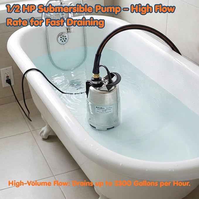 Submersible Sump Pump 1/2 HP 2300 GPH, Water Pump with Hose for Pool Draining, Portable Submersible Pump Handles Clean & Dirty Water, 25ft Power Cord, 3/4" GHT Adapter