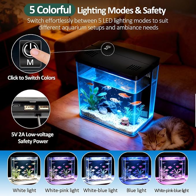 Small Fish Tank 1.2 Gallon Self Cleaning Betta Aquarium Starter Kit with Auto-Cycling Quiet Pump (Filteration & Oxygenation & Circulation) 5-Color LED Desktop Room Aquarium