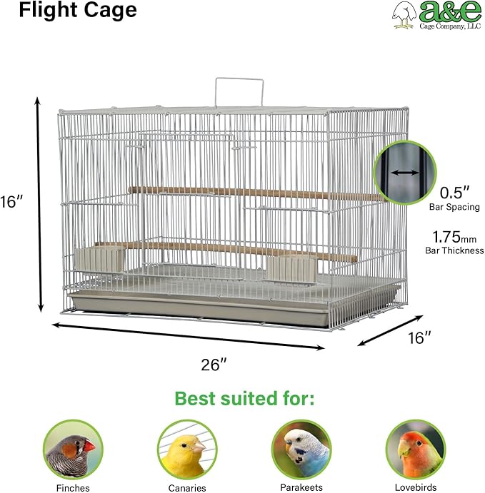 A&E Cage Co 503 White SP Flight Bird Cage – 24" x 16" x 16" Small Bird Cage for Finches, Canaries & Parakeets – Includes 2 Feeder Stations, Wood Perch, Slide-Out Tray & Carry Handle (White)