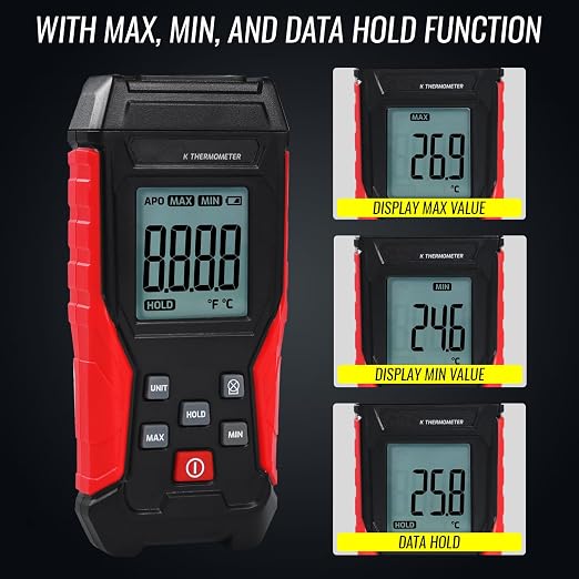Digital K Type Thermometer with Two Thermocouple Probes, -328°F~2501°F Single Channel Thermocouple Thermometer HVAC Temperature Meter with Backlit LCD Display Max/Min, Data Hold