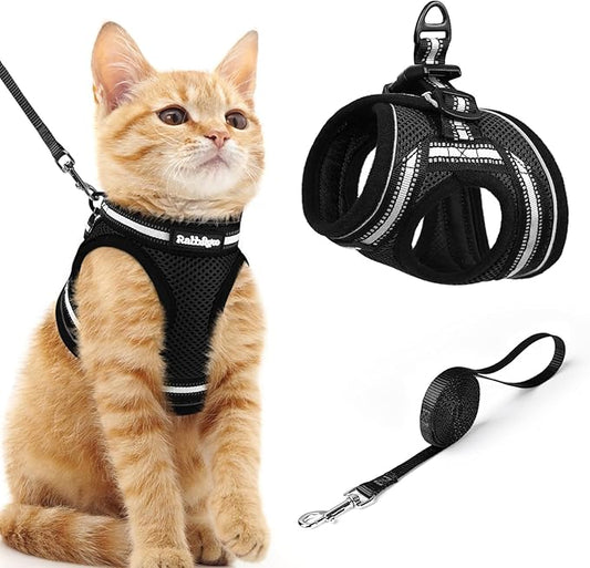 rabbitgoo Cat Harness and Leash Set for Walking Escape Proof, Adjustable Soft Kittens Vest with Reflective Strip for Cats, Comfortable Outdoor Vest, Black, M