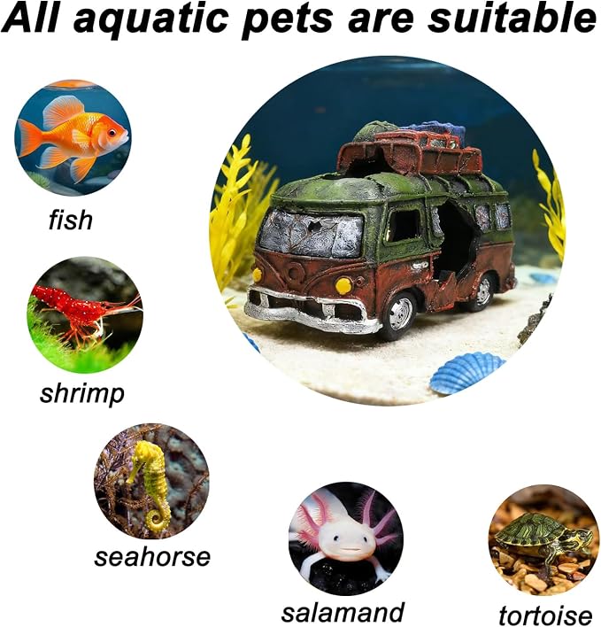 Aquarium Decorations Resin Bus Wreck Fish Tank Decoration Beta Fish Shrimp Aquatic Pets Hiding Cave Accessories