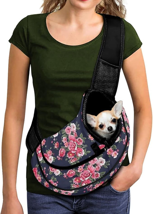 FUSURIRE Pink Flower Printed Pet Sling Carrier for Small Dogs and Cats,Floral Puppy Carrier Front Backpack with Adjustable Strap Breathable Travel Bag Mesh Outdoor Dog Carrier Front Pack