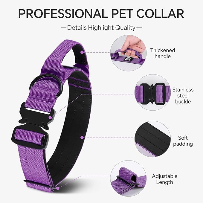 Tactical Thick Dog Collar, Adjustable Training Nylon Dog Collar, Heavy Duty Metal Buckle & Control Handle for Small Medium Large Dogs (M, Purple)
