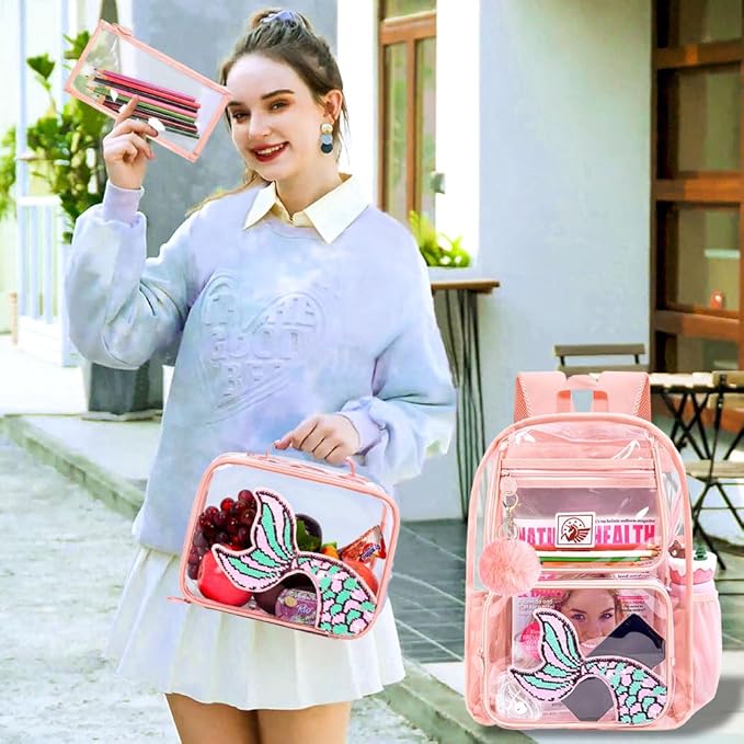 Clear Backpack for Girls and Boys, Kids Transparent Bookbag, 3PCS Cute See Through School Bag for Elementary Prechool