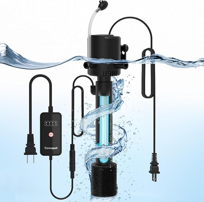 Aquarium Green Water Filter, U-V Light with Submersible Water Pump, U-V Filter with Aeration & Dual Water Outlet, 4-Speed Timer, for 10-40 Gallon Tank(135GPH/8W)