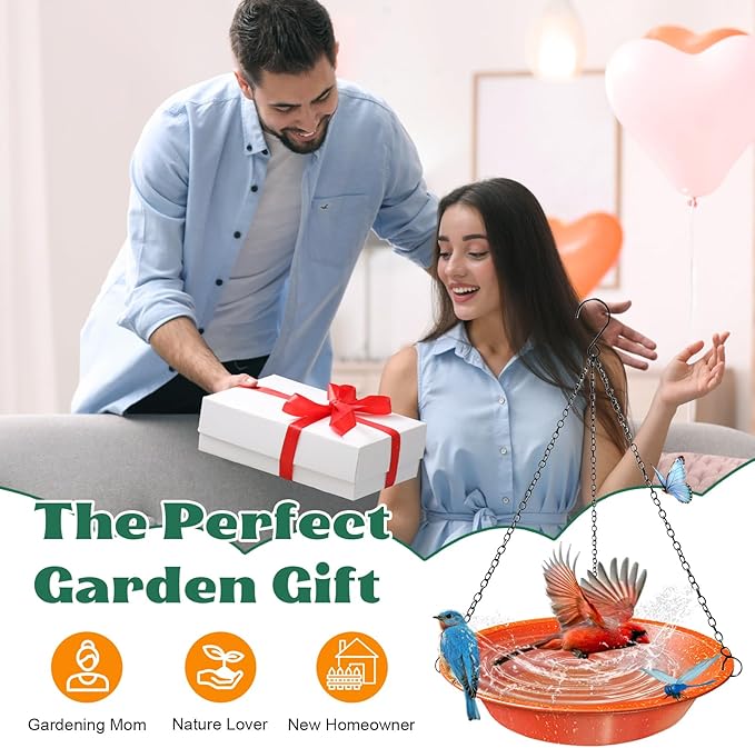 Hanging Bird Bath for Outdoors–Rust Proof Orange Bird Water Bowl with Dragonfly Decor,11.4 Inch Shallow Bird Feeder Tray with Chains,Garden Decor for Yard, Patio, Wild Birds